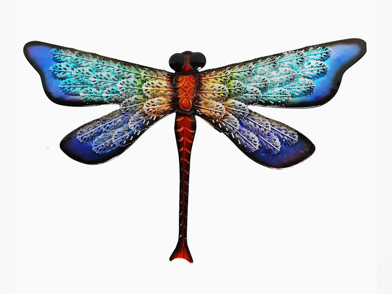 Colorful dragonfly-shaped object on a white background