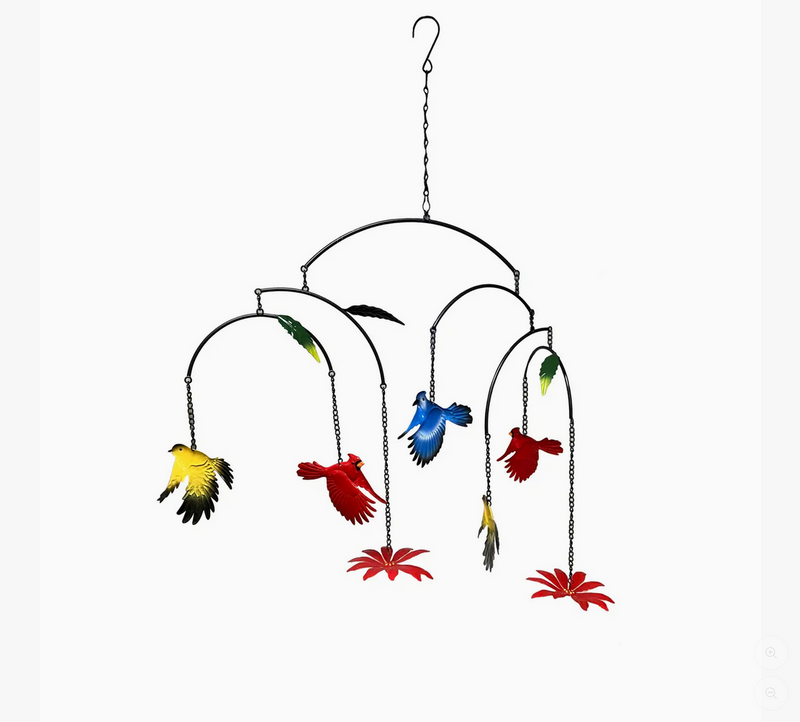 Colorful bird-shaped hanging ornament on a white background