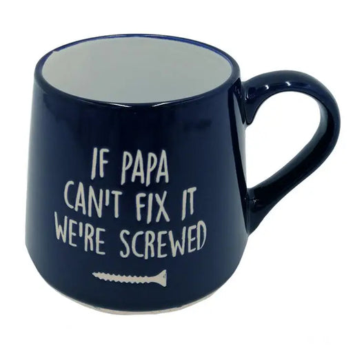 Navy blue mug with white text and handle on a white background