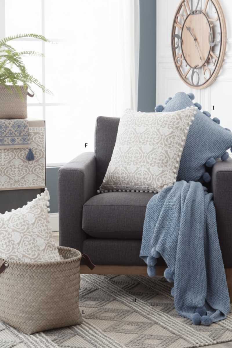 Light Blue Moss Stitch Knit Pillow w/Pompom Trim