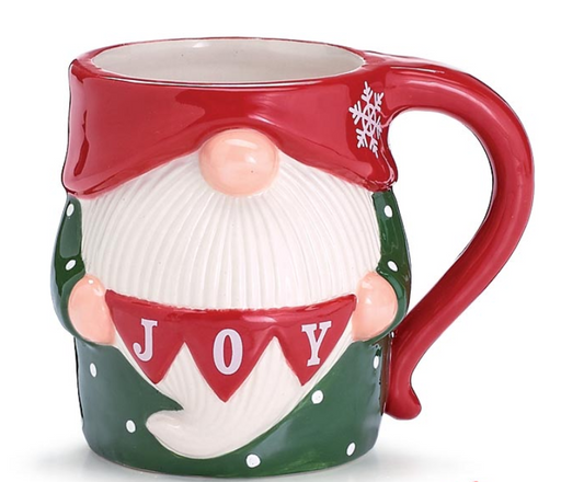Gnome-shaped mug with a red hat and 'JOY' banner on a white background