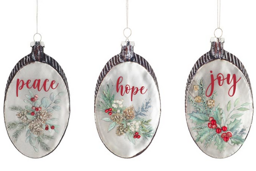 Three oval-shaped Christmas ornaments with 'peace', 'hope', and 'joy' text on a white background.