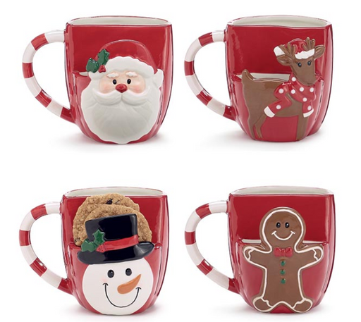 Four Christmas-themed mugs with Santa, reindeer, snowman, and gingerbread man designs on a white background.