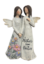 Two angel figurines with floral designs and 'A Mother's Love is Forever' text on a white background.
