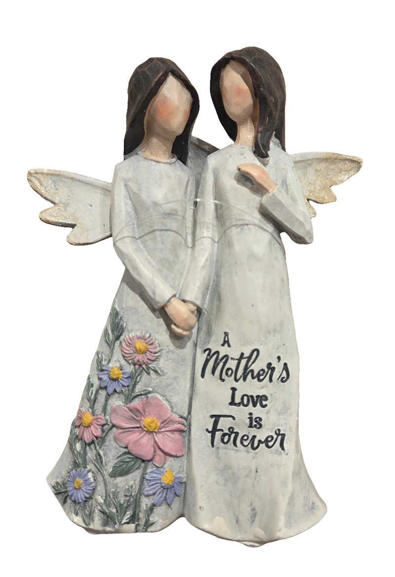 Two angel figurines with floral designs and 'A Mother's Love is Forever' text on a white background.