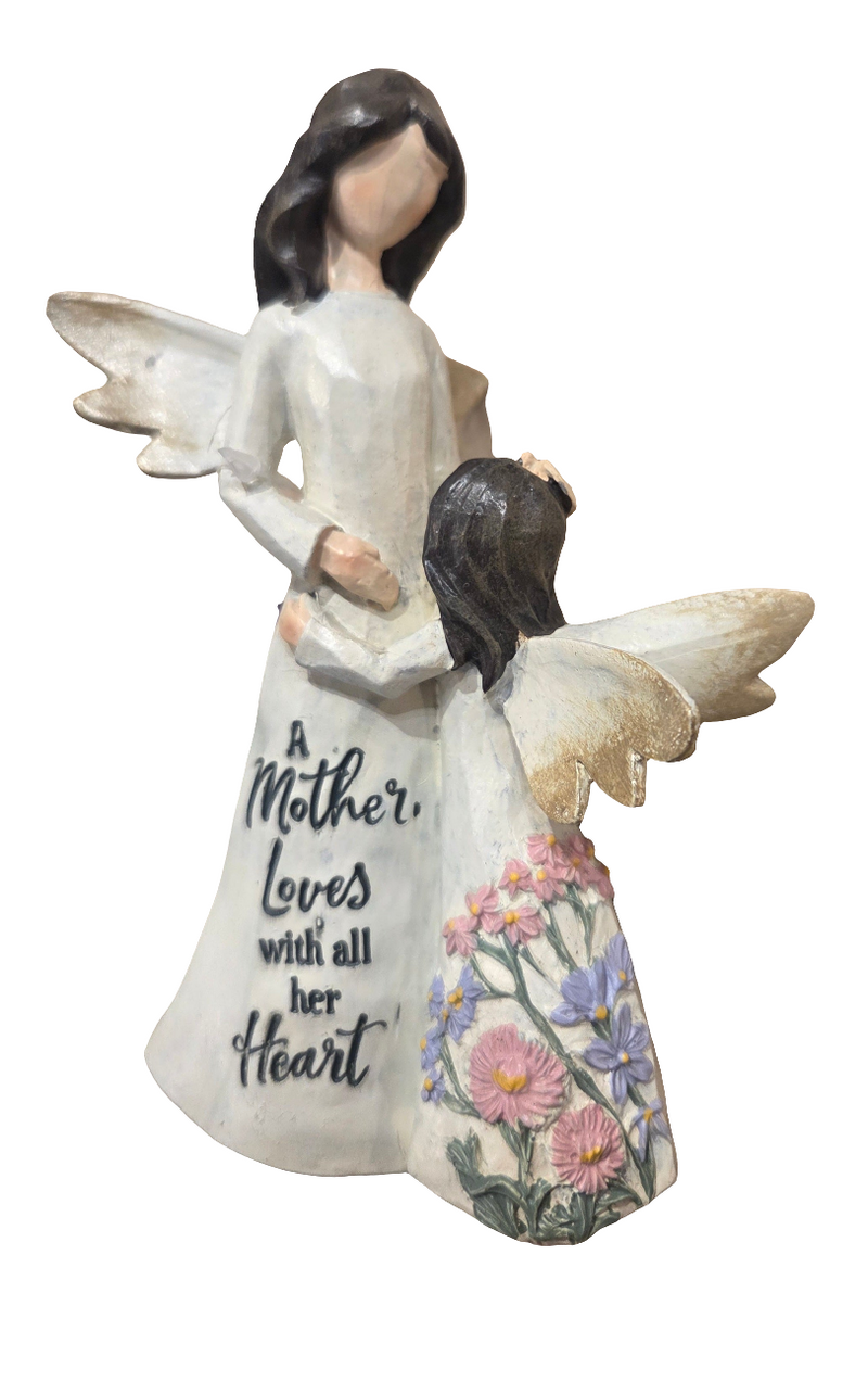 Decorative figurine of a mother fairy holding a child fairy with floral design, text 'A Mother Loves with all her Heart' on a white background.