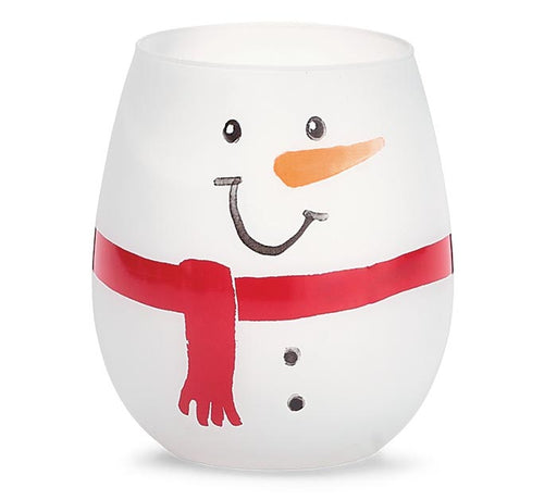 A white stemless wine glass decorated with a hand-painted snowman face, featuring a red scarf, black buttons, and an orange carrot nose, set against a plain white background.