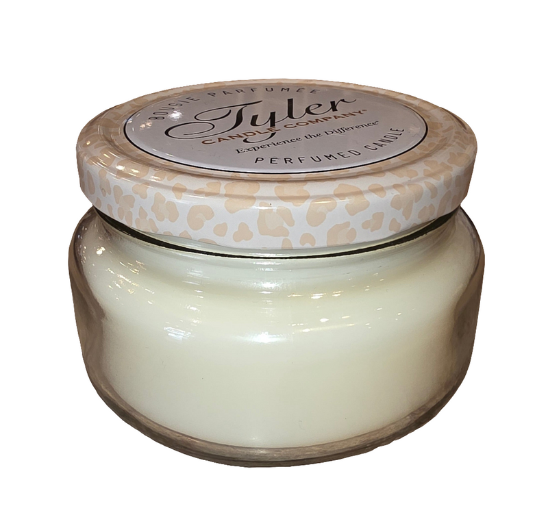 Tyler Candle Company jar candle with leopard print lid on a white background