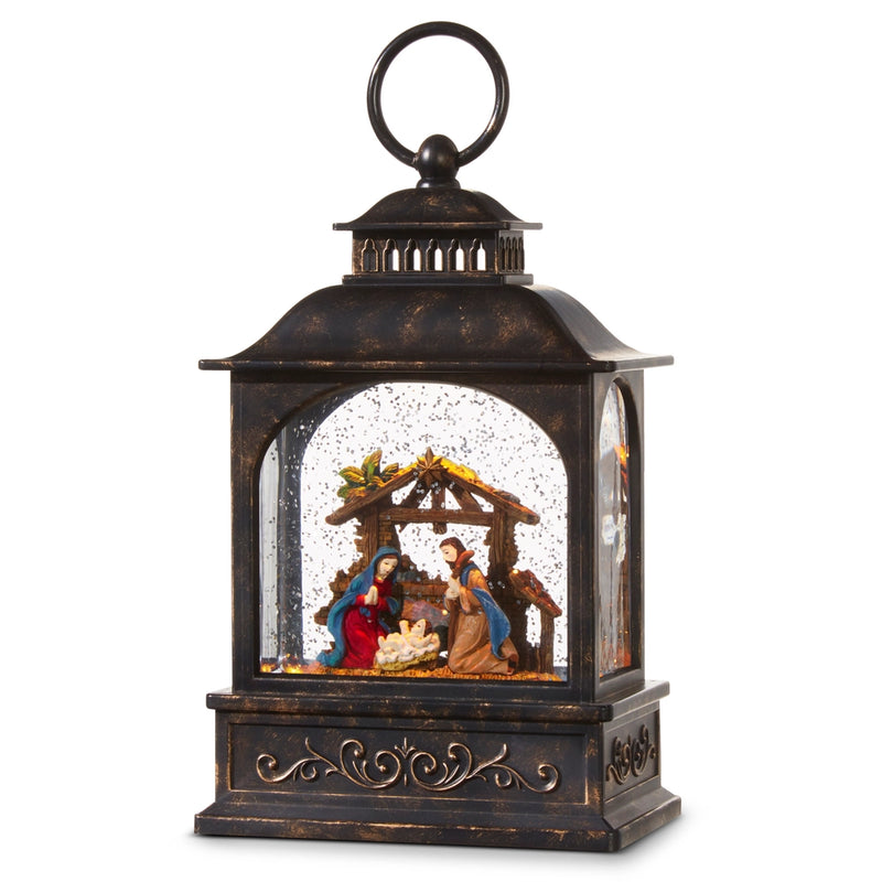 Decorative lantern with nativity scene inside on a white background