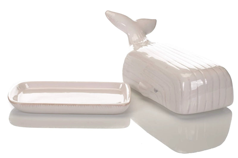 White ceramic butter dish with lid on a white background