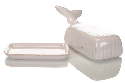 White ceramic butter dish with lid on a white background