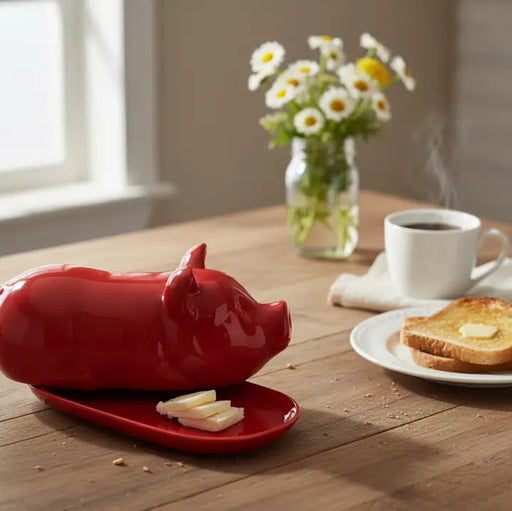 Red pig-shaped butter dish on a wooden table with coffee and toast.