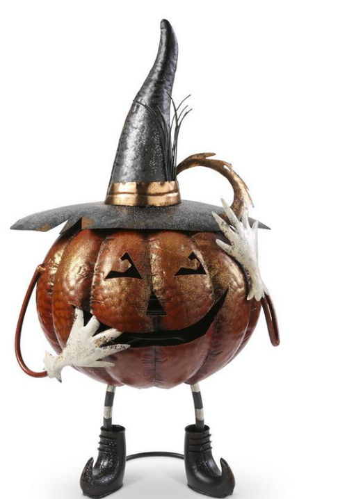 Halloween-themed pumpkin decoration with a witch hat, boots, and spider legs on a white background
