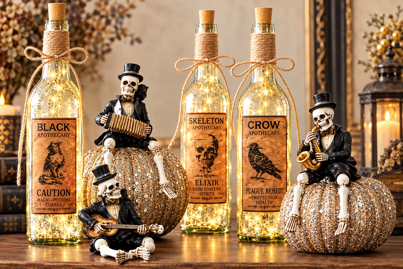LED Mercury Glass Halloween Bottles with Corks - 4 Options