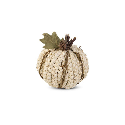 A decorative rope pumpkin in a natural cream color, wrapped with thin brown twine and topped with a dried brown stem and leaf, shown on a plain white background.