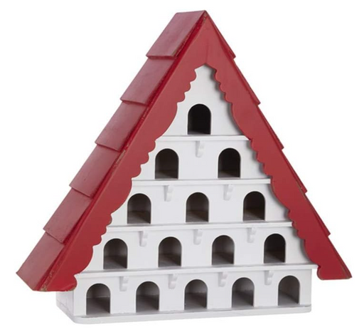 Red and white birdhouse with a pointed roof on a white background