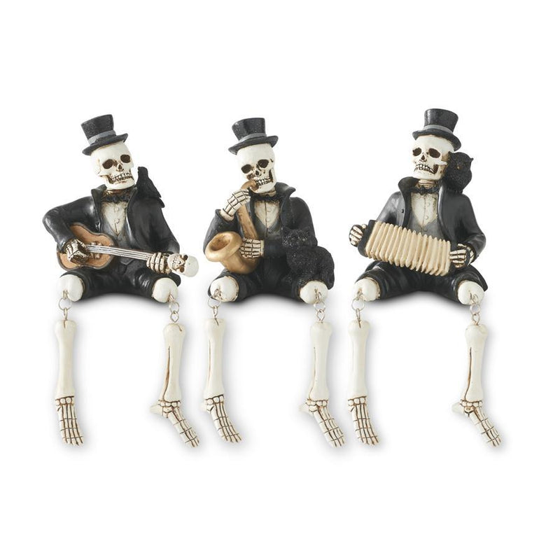 Three skeleton figures in top hats playing musical instruments on a white background