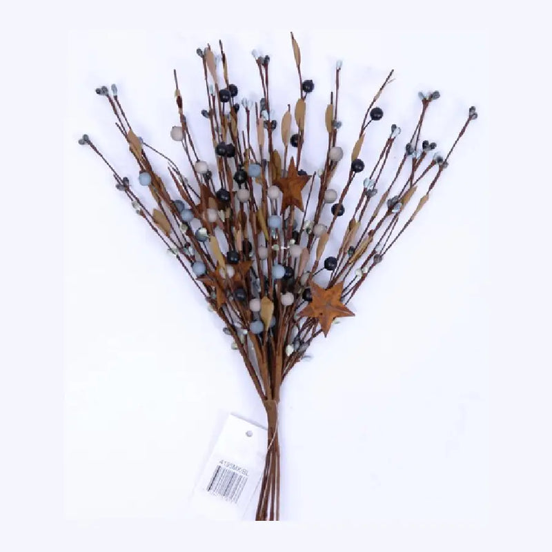 A bundle of artificial autumnal branches with brown twigs, small dark berries, pale gray beads, and two wooden star ornaments, shown on a white background with a product tag attached.