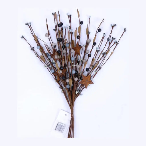 A bundle of artificial autumnal branches with brown twigs, small dark berries, pale gray beads, and two wooden star ornaments, shown on a white background with a product tag attached.