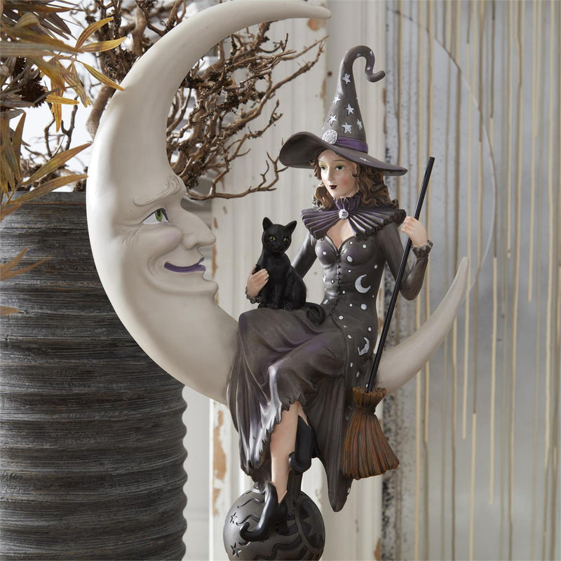 Crescent Moon with Sitting Witch & Cat on Pedestal