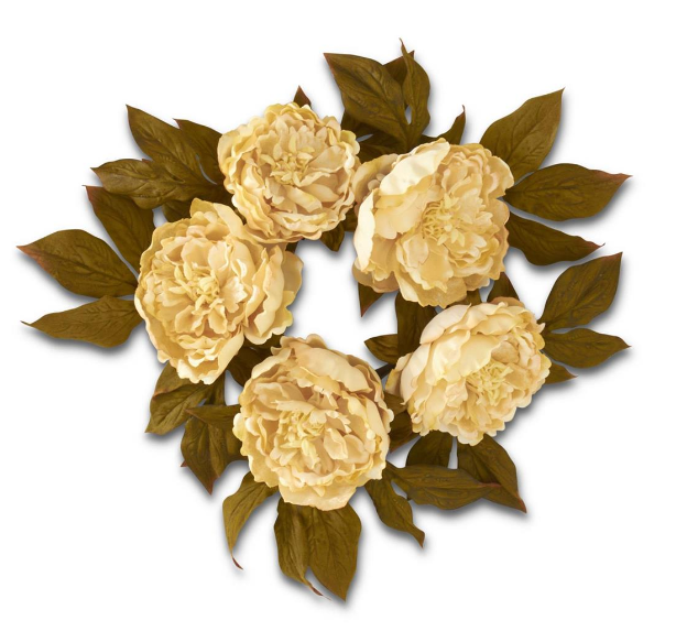 Decorative arrangement of beige flowers with green leaves on a white background