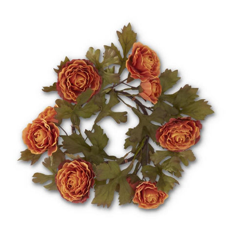 Decorative wreath with orange flowers and green leaves on a white background