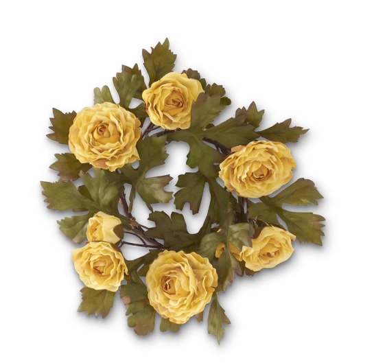 Decorative wall piece with yellow roses and green leaves on a white background