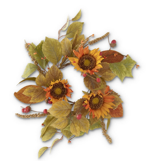 Decorative wreath with sunflowers and autumn leaves on a white background