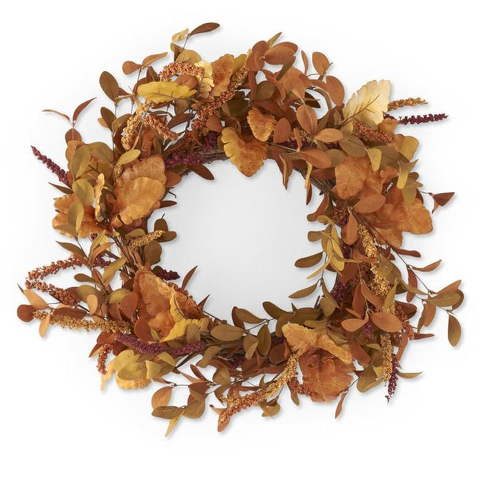 Rust & Brown Silk Leaves Wreath with Burgundy & Rust Berries - 24"