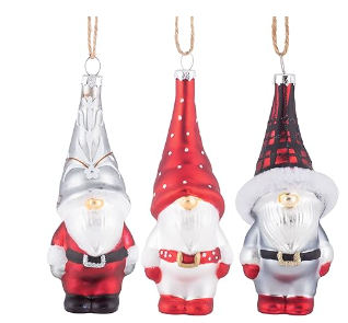 Three gnome ornaments with different hats on a white background