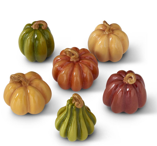 Set of decorative pumpkins and gourds in various colors on a white background