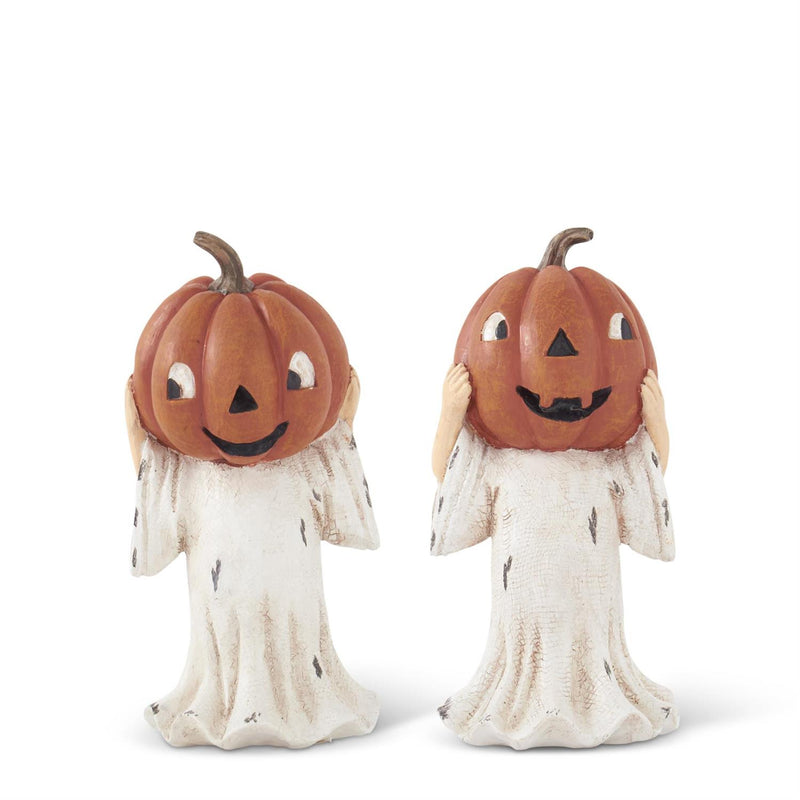Two pumpkin ghost figurines on a white background