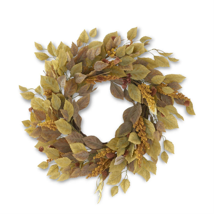 Green Birch Leaves Wreath with Mustard Spikes - 28"