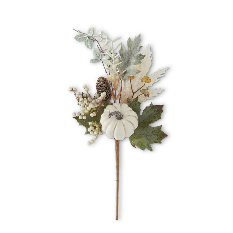 Mixed Fall Foliage Stem with White Pumpkins & Pinecones