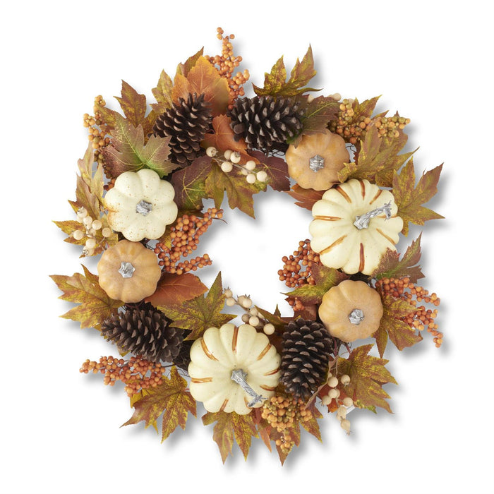 Fall Leaf & Berry Wreath with White and Orange Pumpkins - 24"