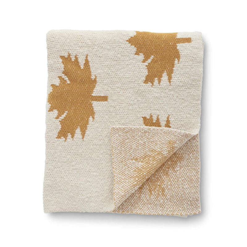 Cream Cotton Knit Throw Blanket with Yellow Leaves