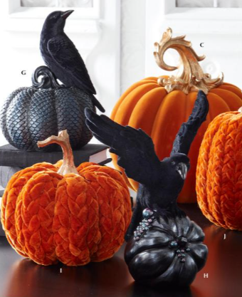 Decorative pumpkins and black crows on a table with a blurred background