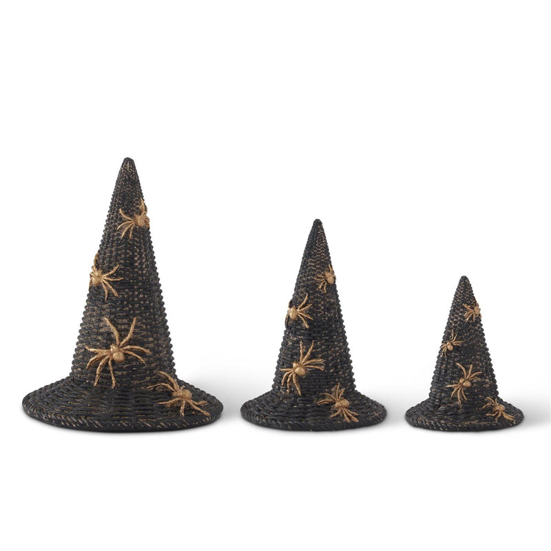 Three black woven witch hats with gold spiders, in different sizes, displayed against a white background.