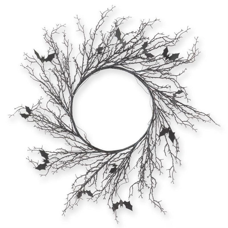 Black with Purple Glitter Twig & Bat Wreath - 30"
