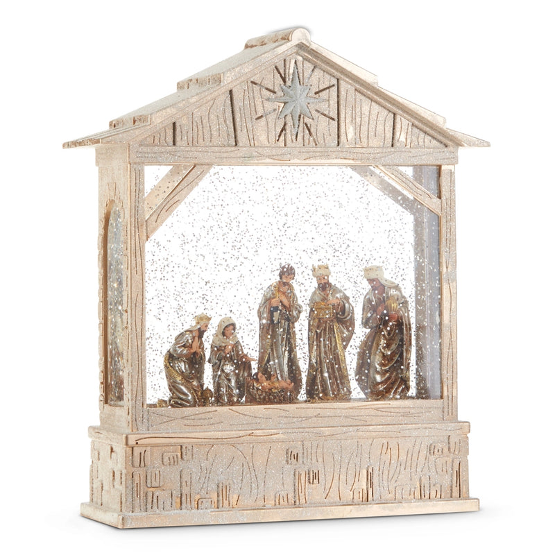 Decorative nativity scene in a glass enclosure with wooden base on a white background