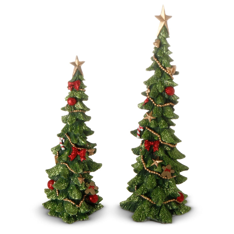 Two decorative Christmas trees with ornaments on a white background