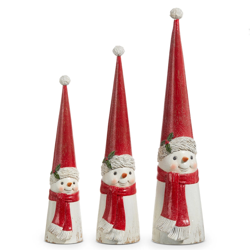 Three snowman figurines with red hats and scarves on a white background
