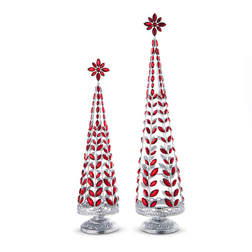 Red Jeweled Trees with Silver Glitter Set of 2