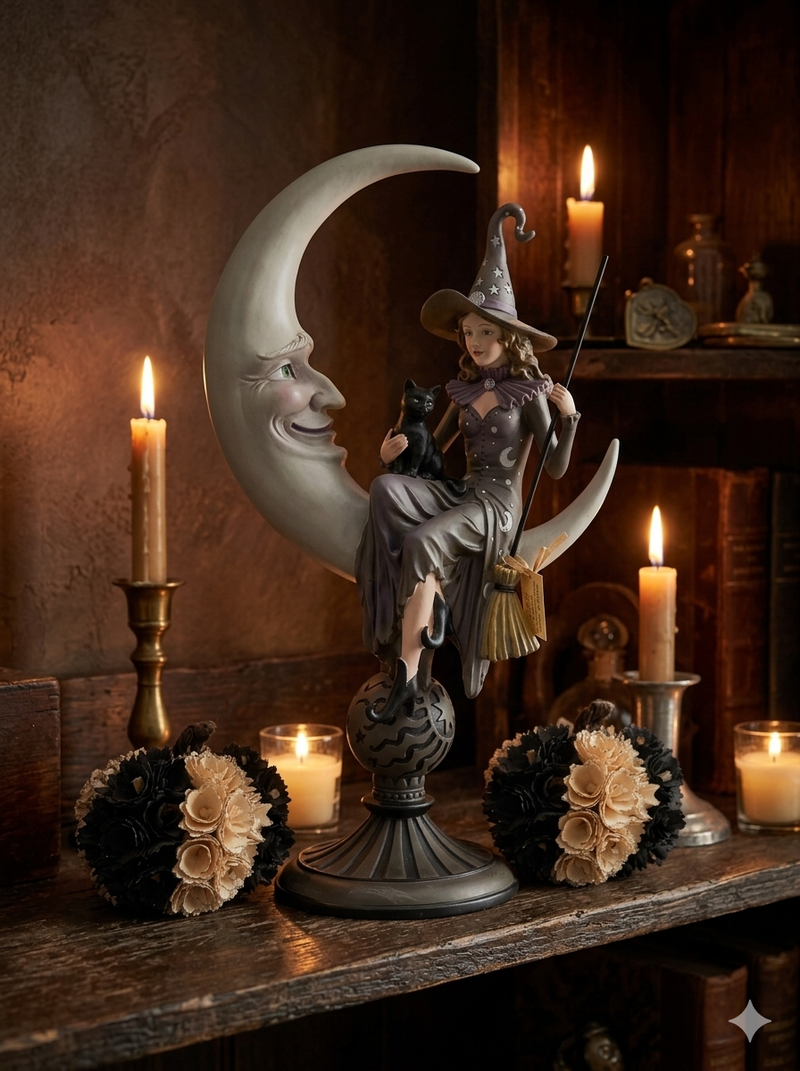 A decorative witch figurine seated on a crescent moon, holding a broom and a black cat, displayed on a wooden shelf with lit candles and dark gothic decor.