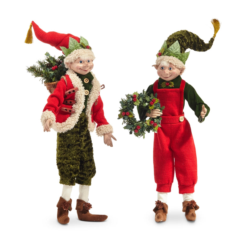 Two Christmas elves in red and green outfits holding wreaths on a white background