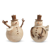 Two decorative snowmen with top hats and scarves on a white background