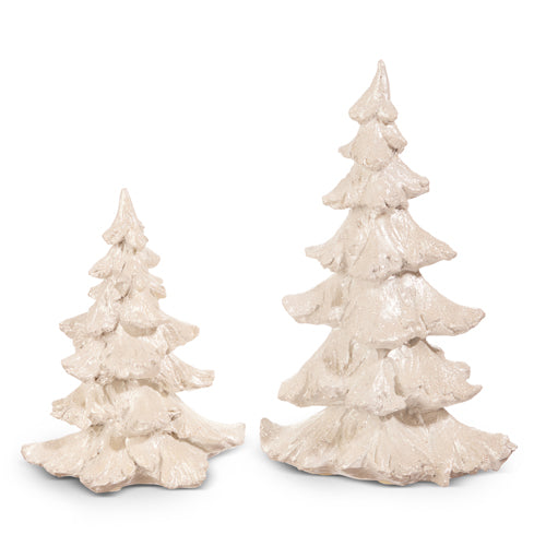 Two white ceramic tabletop trees with a Christmas-like design, 6.25 inches in height.