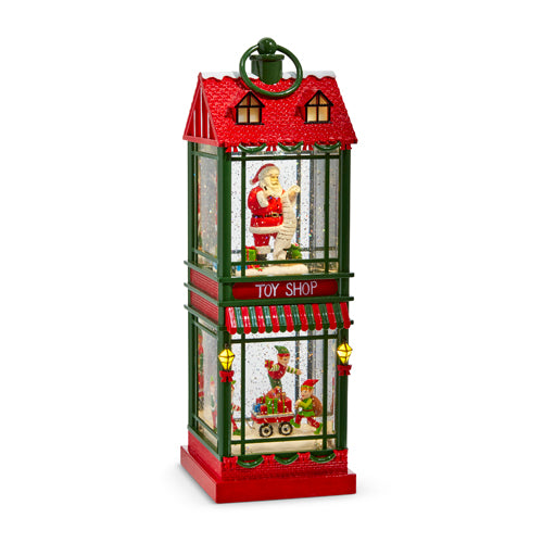 Santa and Elves Lighted Water Two Story Toy Shop Lantern