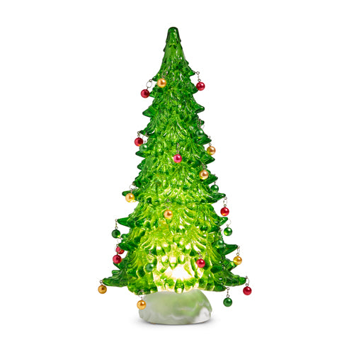 Lighted Green Tree with Ornaments and Glitter