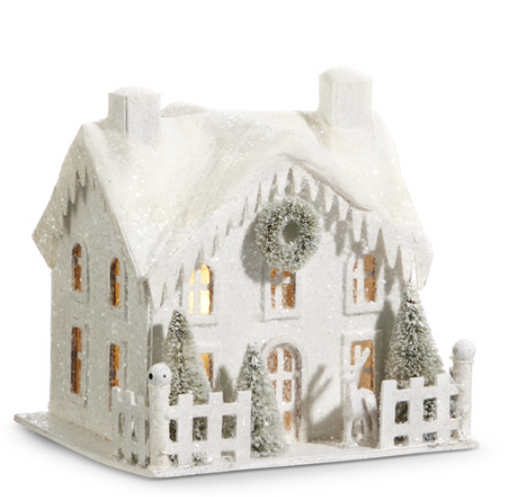 Decorative white house with snow and lights on a white background